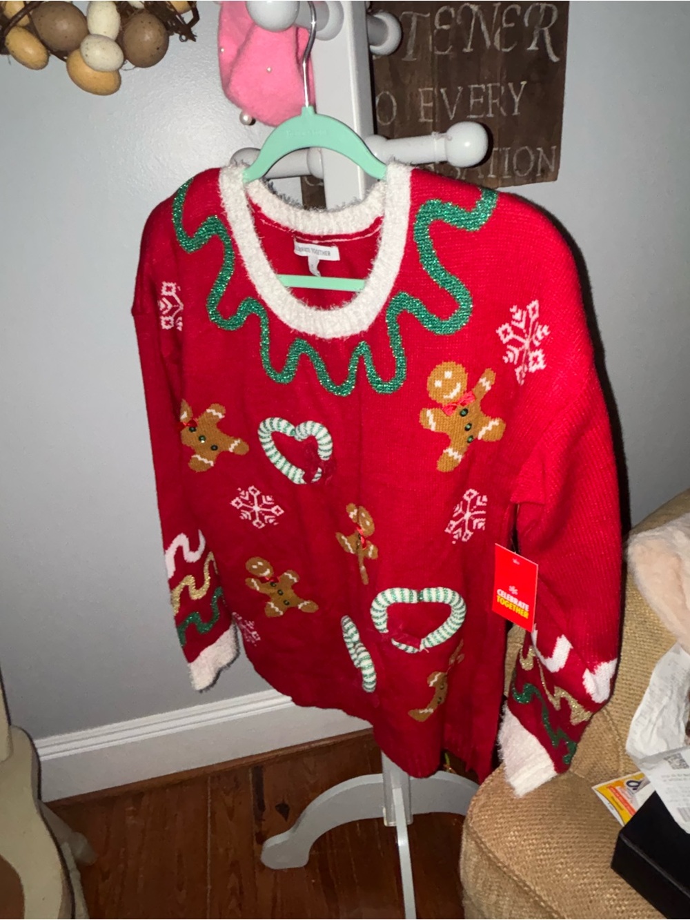 Kohls nwt Red Holiday Gingerbread Crewneck Sweater with Green and White Trim